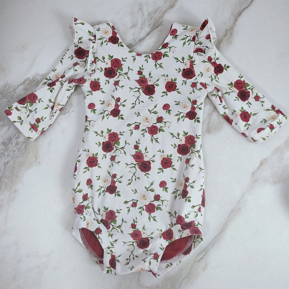 Precious Treasures Rose Floral Flutter Sleeve Pull-On Bodysuit Onesie, 18M